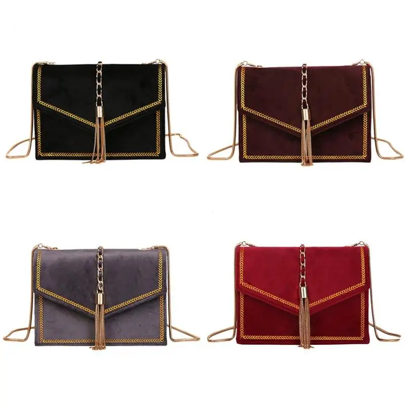 Клапаном сумка слинг Для женщин Velvet Chain кисточкой плеча Crossbody Сумки для дам деньги