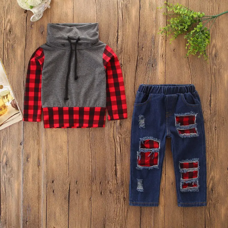 2PCS Toddler Kids Baby Boys Plaid Long Sleeve Tops Shirt Hole Denim Jeans Pants Outfit Clothes For 1-6Y |