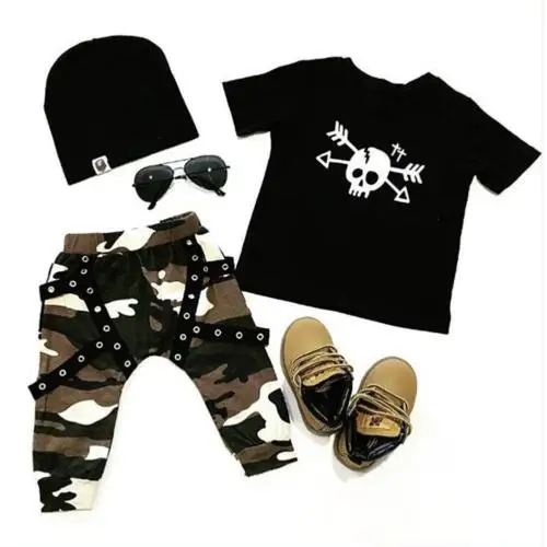 New Spring Summer -Toddler Kids Baby Boy Outfit Clothes Skull Print Short Sleeve T-shirt Tops+Long Pants Cotton Set 1-6T | Детская