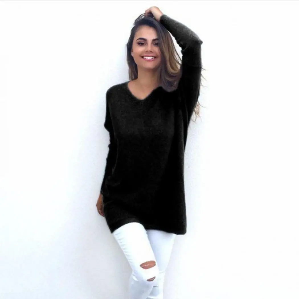 Women Fashion Casual V-neck Long Sleeve Solid Autumn Spring Loose Pullover Sweater | Женская одежда