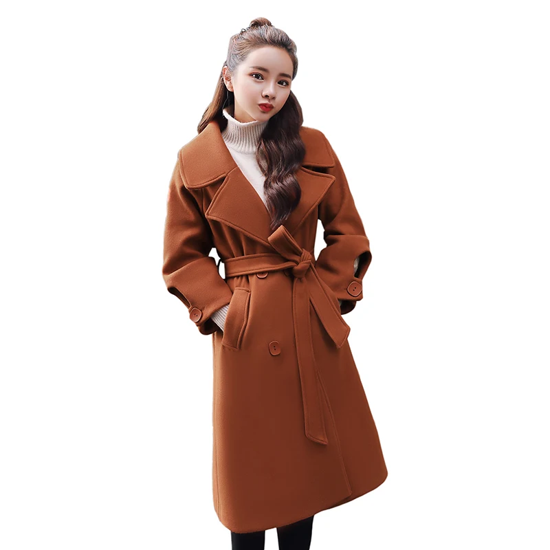 

2019 Autumn Women Woolen Coat Long-sleeved Solid Color Belt Square Collar Wild Ladies overcoat Winter Long coat Outwear P24