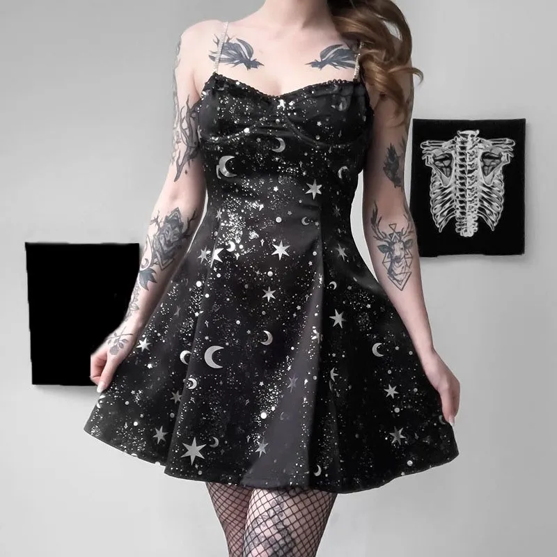 Женское элегантное черное мини-платье с принтом готическое летнее модное платье