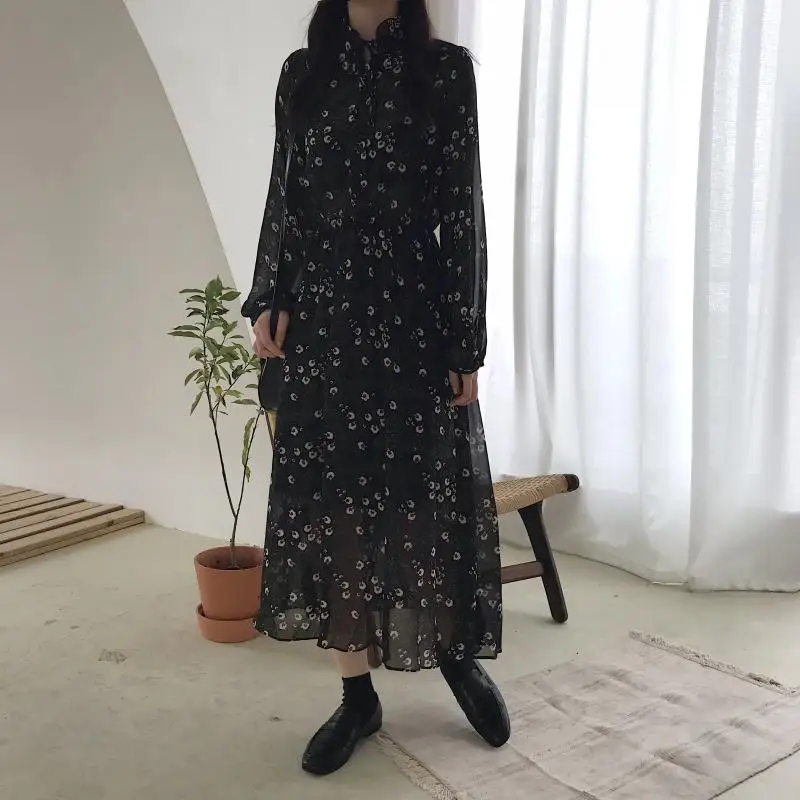 Платье рубашка женское базовое длинное приталенное платье трапеция в Корейском