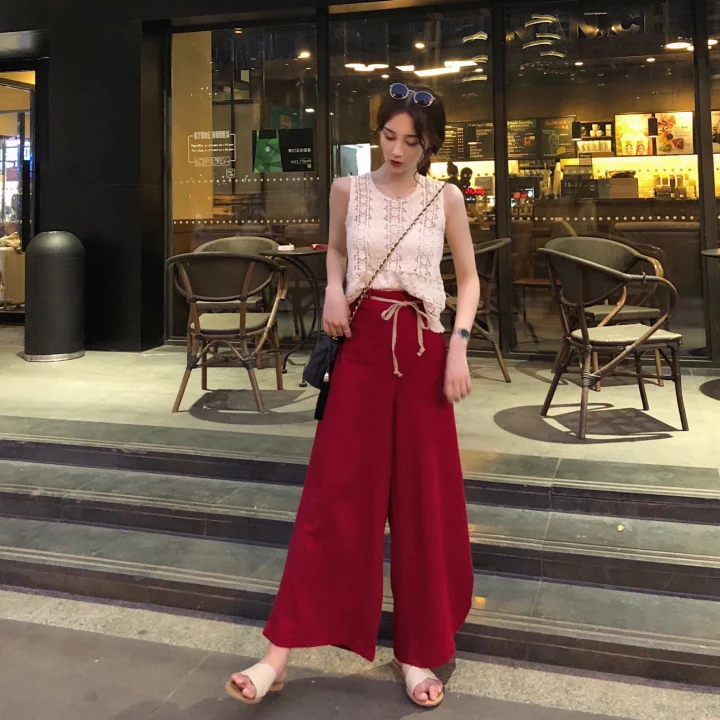 Новинка 2019 года женские широкие брюки красного и белого цвета Свободные повседневные длиной до щиколотки