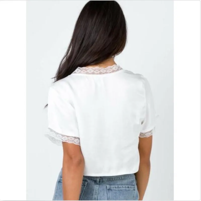 Fashion Women's T-Shirt Sexy Short Sleeves Lace Silk Satin Shirts Crop Tops Ladies' New White Color Bandage Hot Selling | Женская