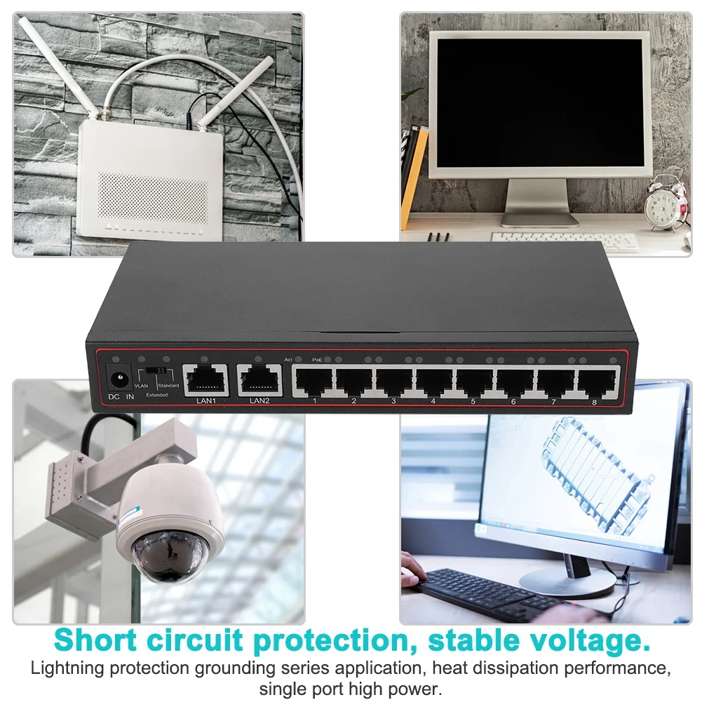 220В 10 портовый SPOE VLAN инжектор питания POE Ethernet коммутатор с 250 м расстояние передачи