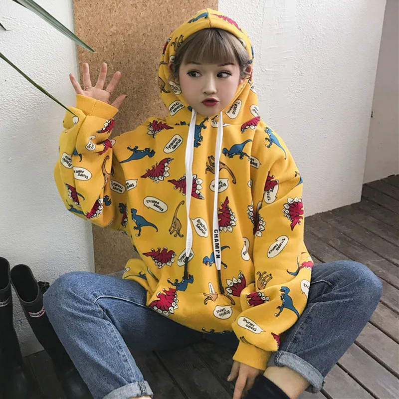 

Autumn And Winter Women's Korean Version Of The Bf Wind Loose Cute Cartoon Dinosaur Printing Hooded Sweatershirt Hoodies Women