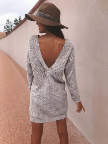 Oversized Women Long Sleeve Knit Cardigan Sweaters Sexy V Neck Backless Loose Casual Sweater Dress | Женская одежда