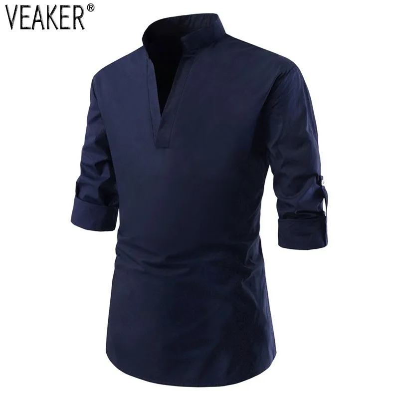 

2019 New Men's Chinese Vintage Shirt Men V-Neck Long sleeve Shirt Solid Color Slim Fit Male Shirts M-2XL
