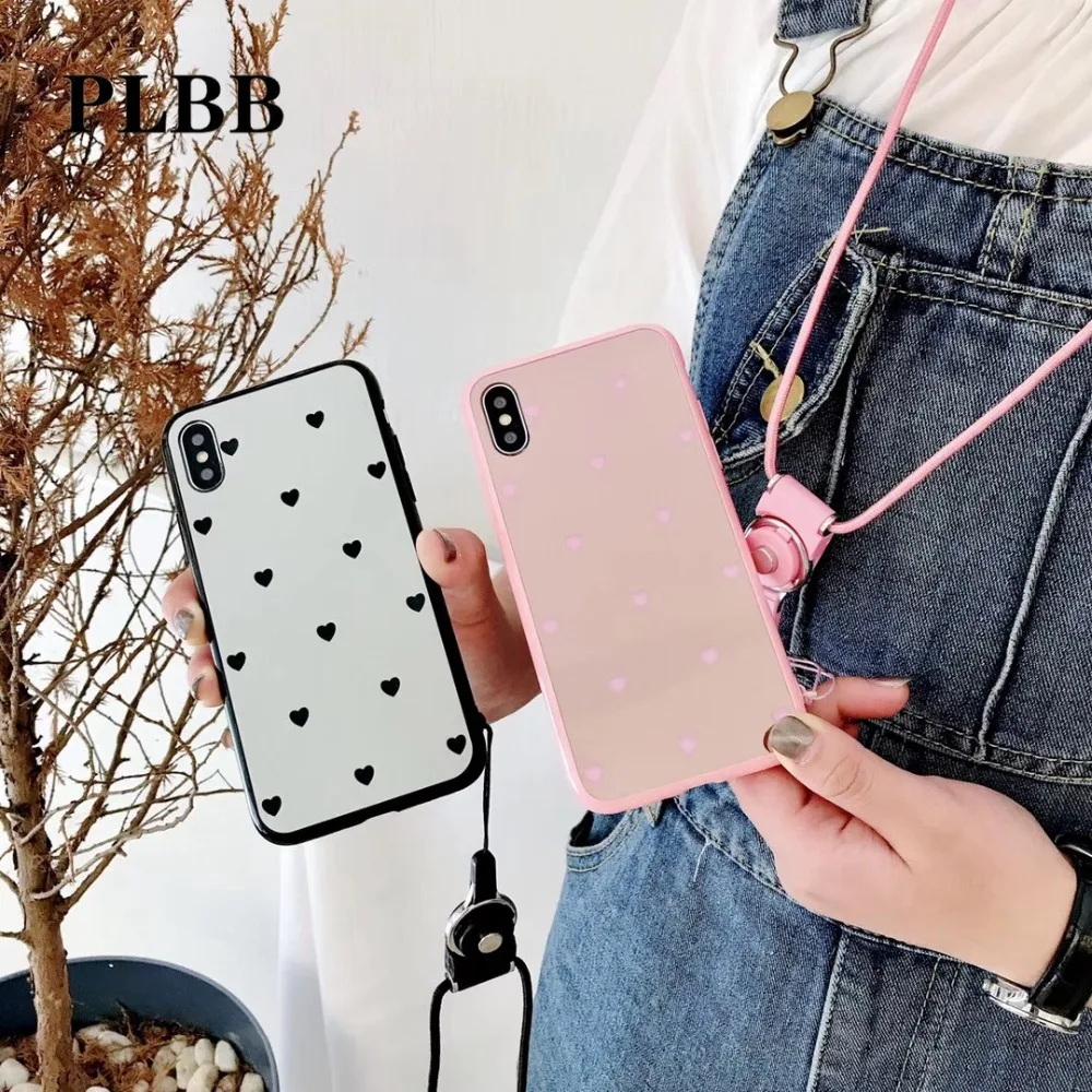 PLBB Luxury Acrylic Mirror Lover Heart Geometric Soft TPU Phone Coque Cover Case for iPhone X Xs Max XR 6 6S 7 8 Plus + Landyard | Мобильные