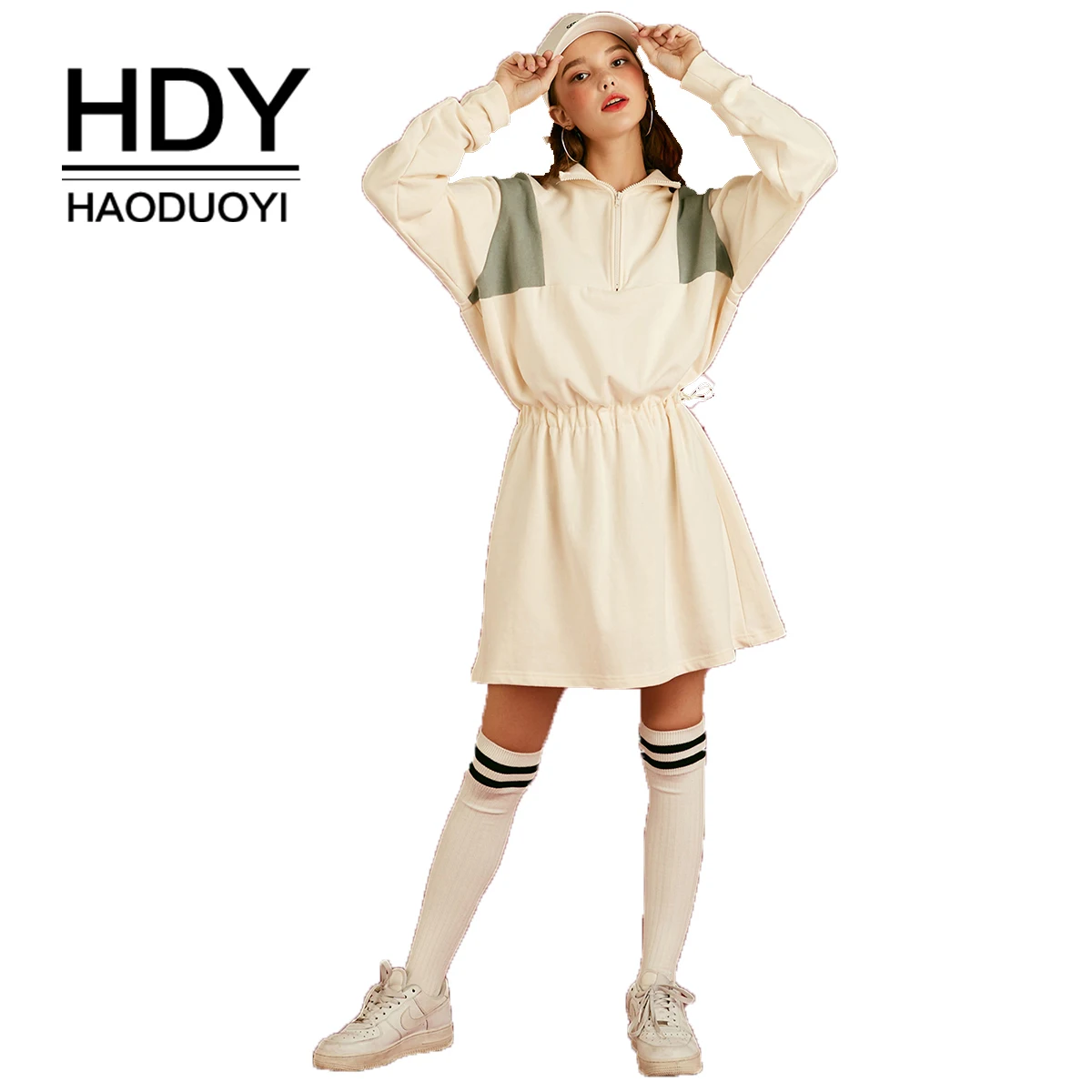 Платье HDY haoduoyi простое повседневное с полуоткрытой молнией контраст цвета