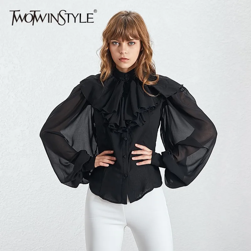 Женская шифоновая рубашка TWOTWINSTYLE с рукавом фонариком стоячим воротником и