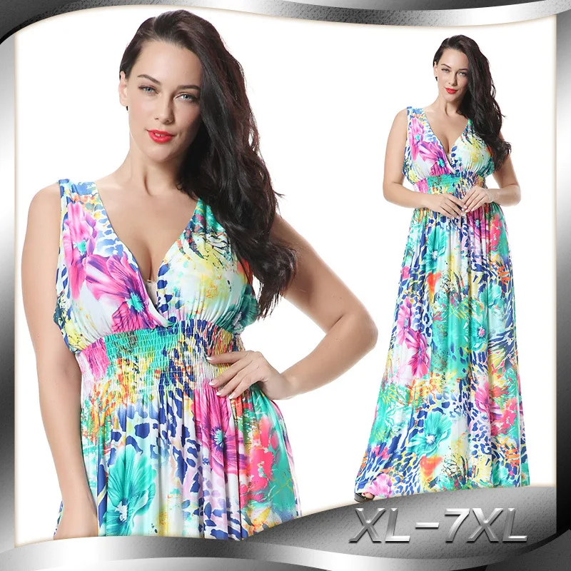 new summer women's clothing v-neck women's dresses european dresses full dress XL-7XL plus size print clothing 5211