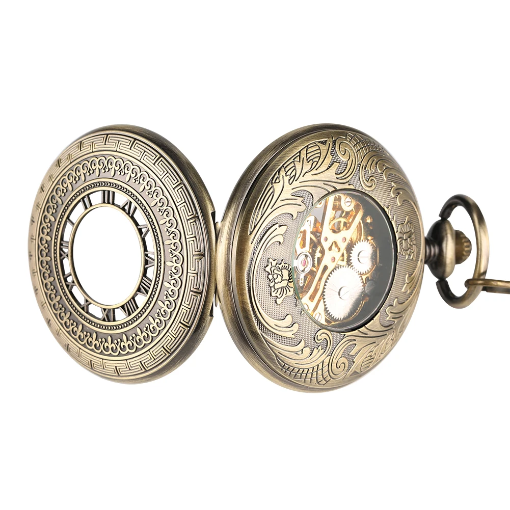 Bronze Carved Pocket Watch for Men Mechanical Movement Boys Golden Frame Hollow Roman Numeral Watches | Наручные часы