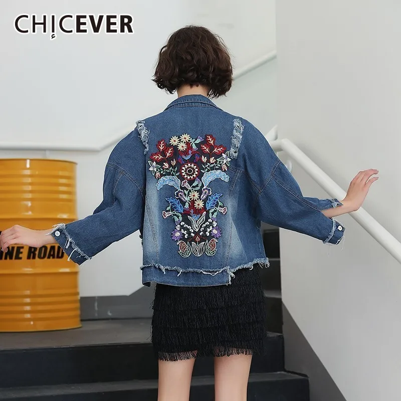 CHICEVER джинсовая куртка с цветочной вышивкой для женщин Свободное пальто