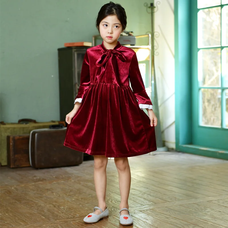 

A-line Christmas Dresses baby girl clothes Winter New Girls Korean Children Clothing Girls Long Sleeve Dress Bow Preppy Dress