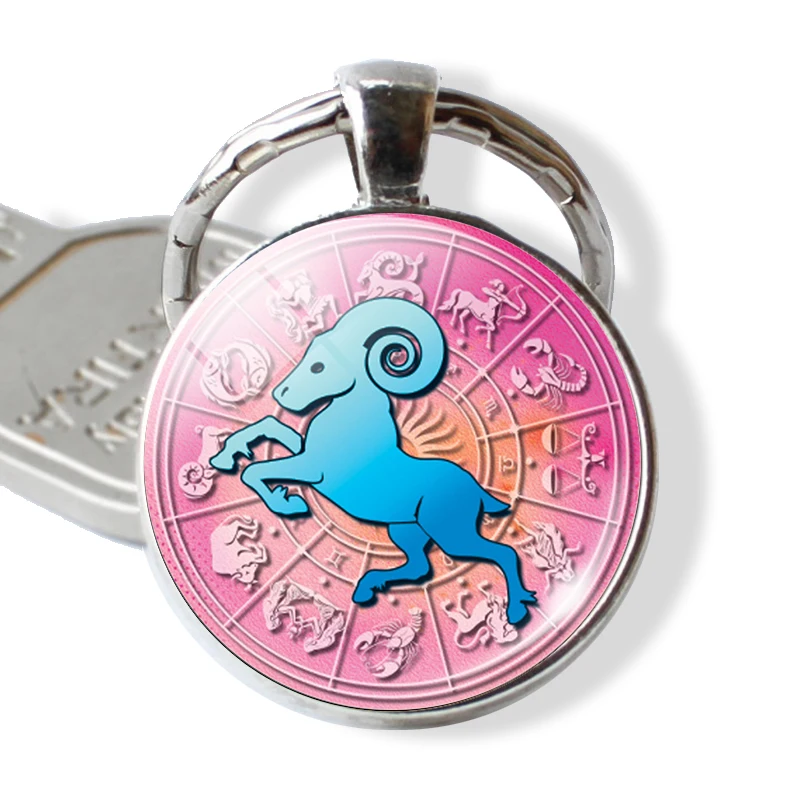 

Clearance Deals!!Single Face Round Glass 12 Constellation Zodiac Sign Pendant Key Ring Keychain Taurus