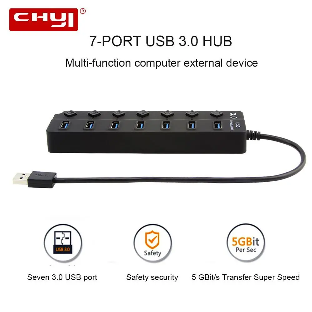 

CHYI USB 3.0 Hub USB-A to 7 Ports USB Hubs With DC 5V/2A Power Supply LED ON/OFF Switch USB 3.0 Splitter Adapter For PC Laptop
