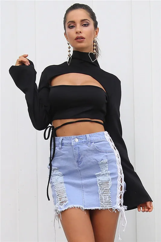 2019 тканевая веревка джинсовая юбка женская на шнуровке Соблазнительные мини