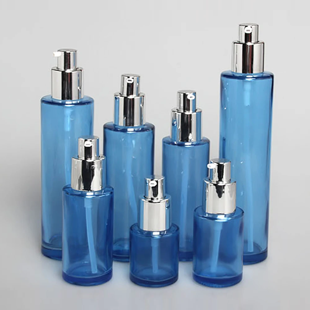 

Blue 80ml perfume bottle pump atomizer for glass bottle packaging lotion bottle pump silver wholesale