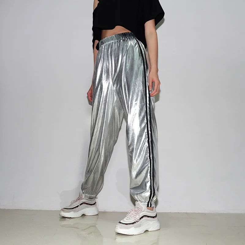 Spring Autumn Fashion New Silver Hip Hop Pants Women Joggers Sweatpants Women's Leather Side Stripe Long Running Sports Pants