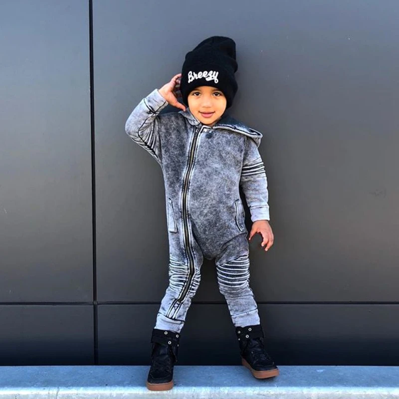 

Модные детские комбинезоны унисекс, джинсовый комбинезон на молнии для новорожденных, комбинезон с капюшоном для маленьких мальчиков и дев...