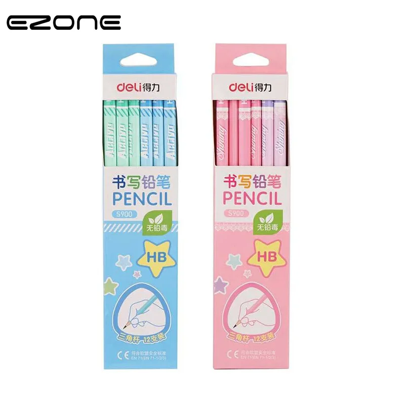 

EZONE 12PCS Cartoon Children Pencils Non-toxic HB Ordinary Pencil Blue Pink Wooden Triangle Handle Pupil's Stationery Supply