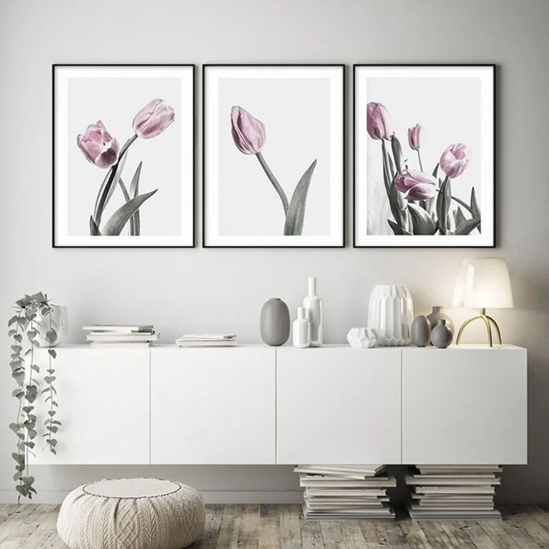 

Scandinavian Pink Tulip Flowers Wall art Poster Canvas Painting Green Posters and Prints Pictures For Living Room Decoration