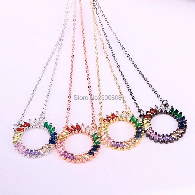 

6PCS ZYZ-N0972 Multi Color CZ Circle Pendant Necklace, Colorful Cubic Zirconia Pendant Chain Necklace