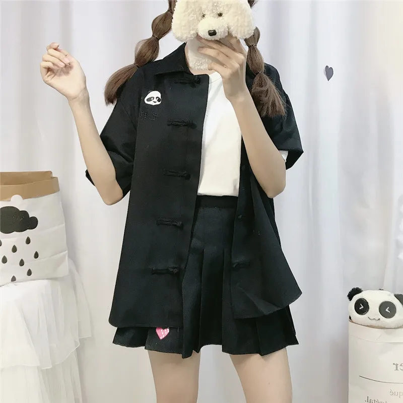 Женские рубашки с вышивкой в виде панды Lychee пряжкой стиле Харадзюку отложным