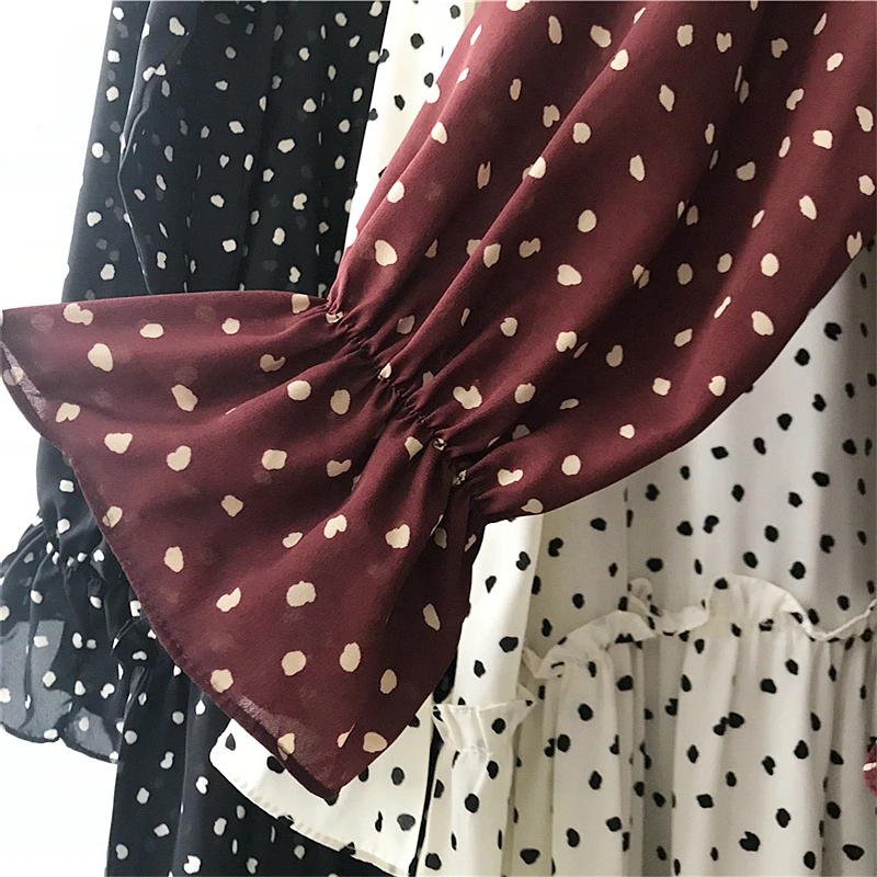 2019 модное корейское платье Mori Girl Vestidos повседневное шифоновое простое в горошек с