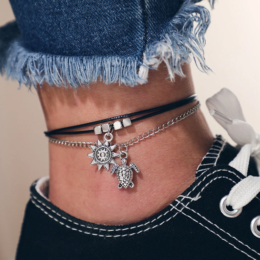 New Three Layers Geometric Sun Turtle Pendant Alloy Rope Anklet Bracelet Female Girls Accessory b | Украшения и аксессуары