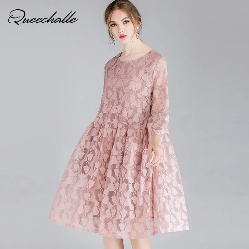 Blue Pink Black Lace Dress for Women Back Up Sweet Loose A-line Elegant Hollow 3/4 Sleeve Party Dresses Plus Size 4XL | Женская одежда