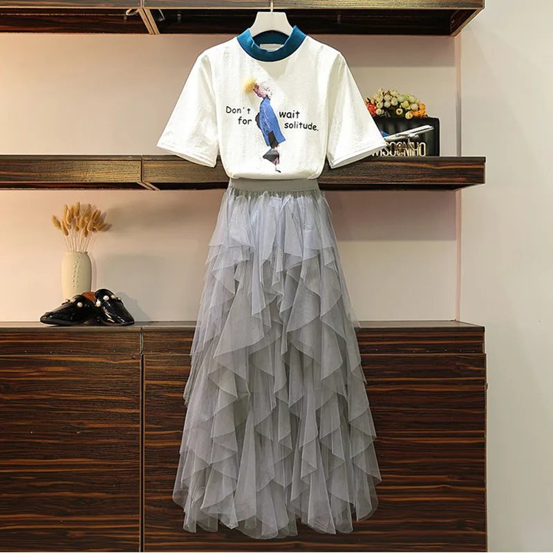 Skirts юбки большого размера Женский комплект 2 шт. аппликация из букв персонажа