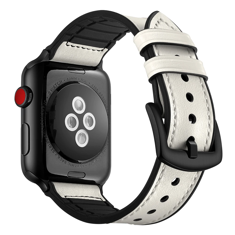 Силиконовый + кожаный ремешок для Apple Watch 44 мм 42 серия 4 3 2 1 черный коричневый белый