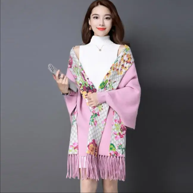 

Women Cardigans Long Tassel Floral Printed Knitted Tops Warm Cloak Batwing Sleeve Wrap Swing Sweater 2020 Autumn Winter