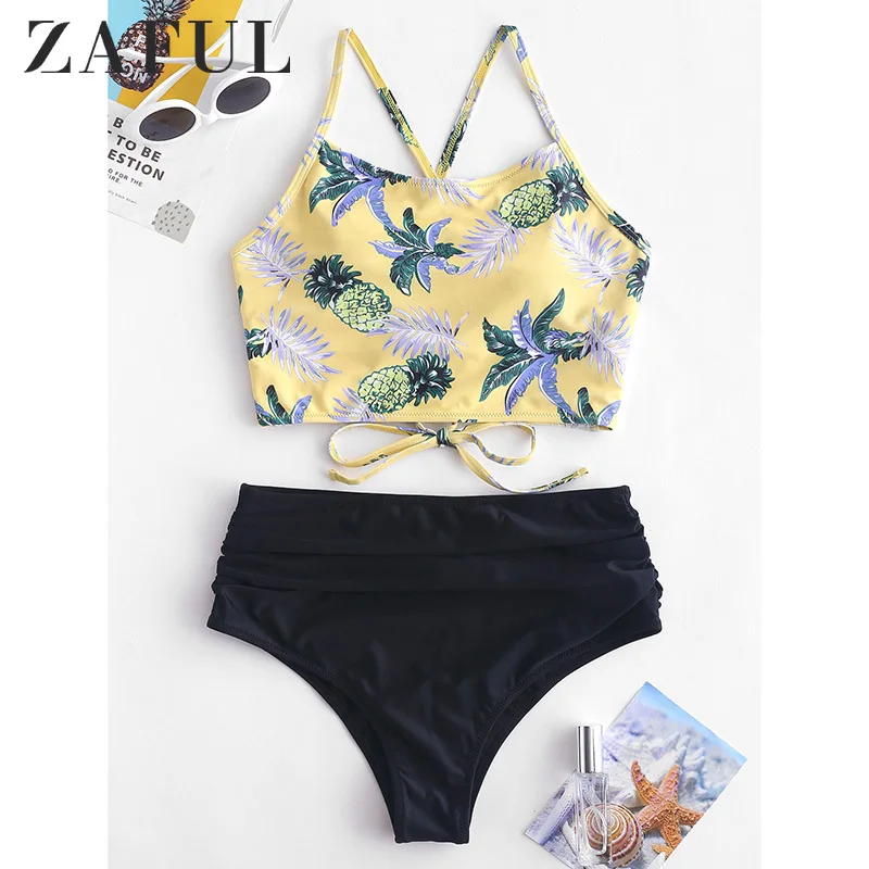 

ZAFUL Tie Front Ruched Bikini Set Summer Halter Strap Camis Beach Swimsuit Bathing Suit Female Biquinis Swimwear Solid White