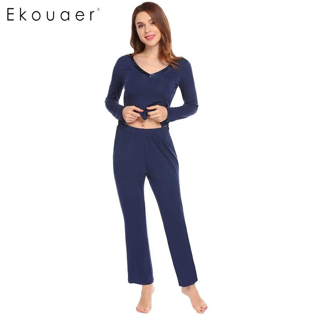 Ekouaer/женские длинные пижамные комплекты с v образным вырезом длинным рукавом и