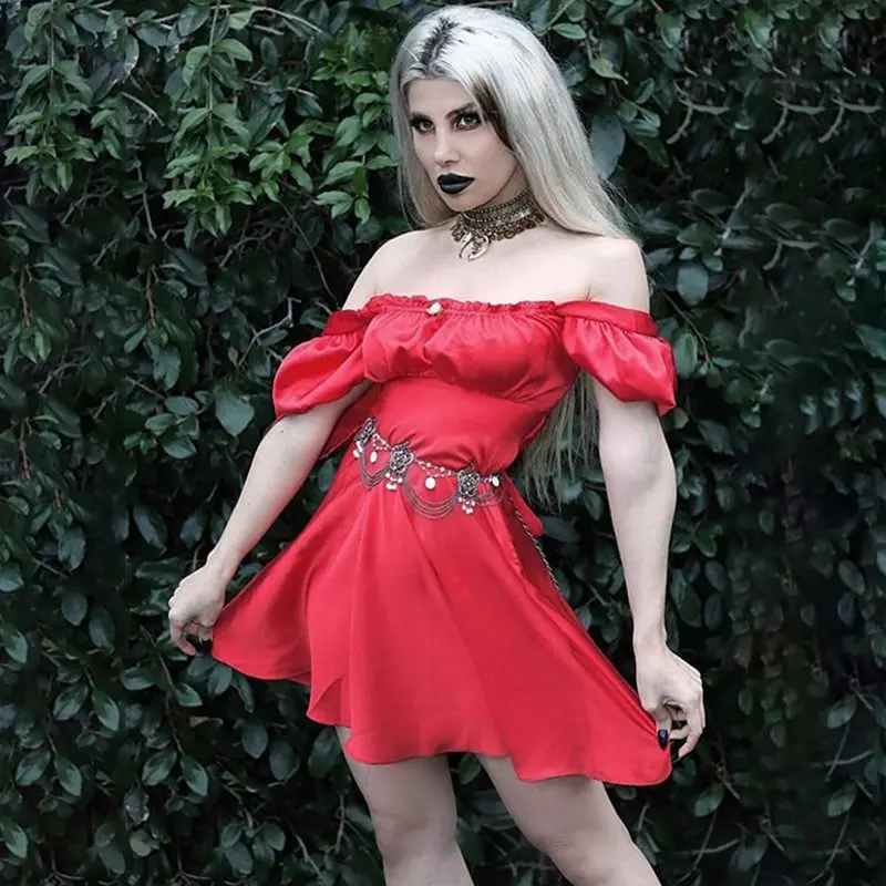 Women Summer Dress Elegant Sexy Fashion Vintage A Line Red Sweet Princess Lantern Sleeve High Waist Gothic Casual Mini Dresses | Женская
