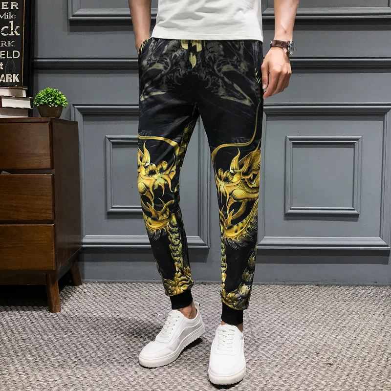 Мужские брюки с принтом Dragon повседневные облегающие шаровары в стиле хип хоп на