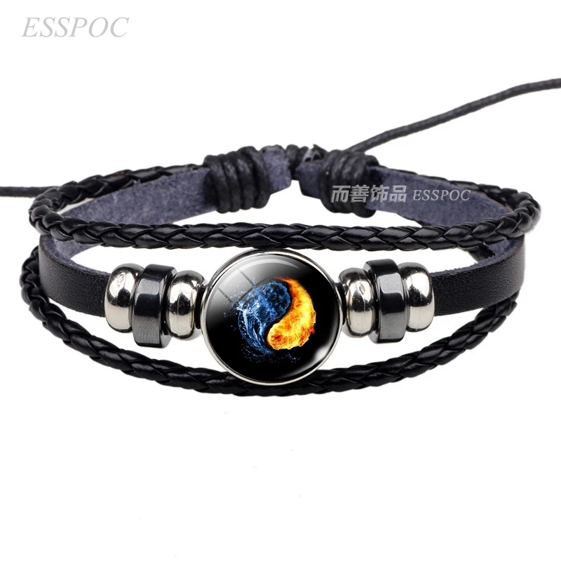 Кожаный браслет со стеклянным кабошоном Yin Yang Tai Chi украшения плетеные