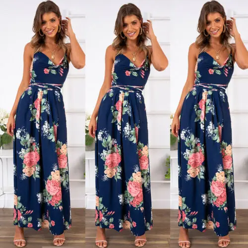 Платье женское макси с цветочным принтом длинный сарафан V-образным вырезом для