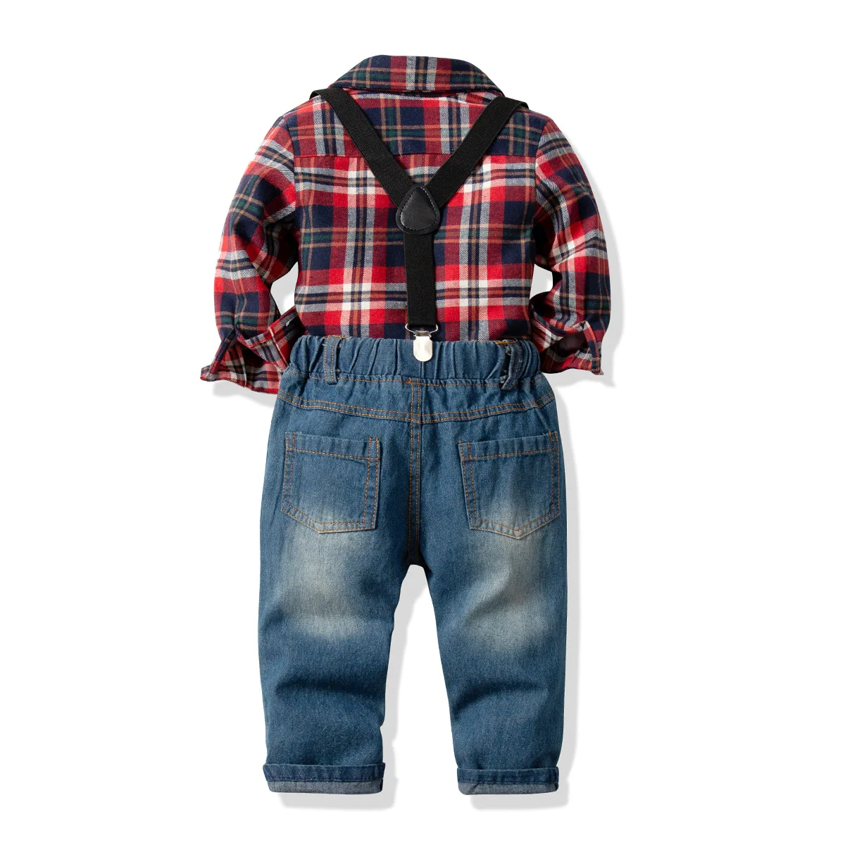 Boy's 2-10 Y Spring Autumn Plaid Shirt &amp Denim Bib Jeans Pant Clothing Set Cotton Fashion Gentleman with BowtieSuits | Детская