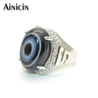natural eyes black dzi agate adjustable ring rhinestone crystal setting silver color jewelry for men and women birthday gift