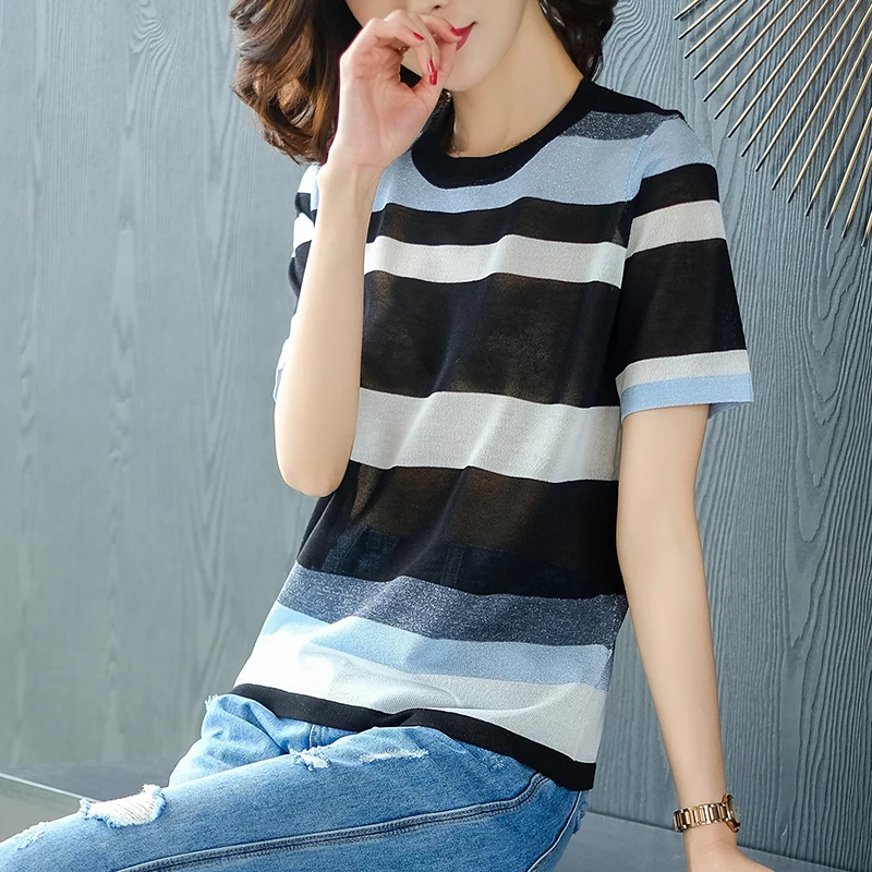 Shiny Lurex summer Sweater Women short Sleeve striped Pullover Basic Sweaters 2019 Korean Style Knit Tops Femme | Женская одежда