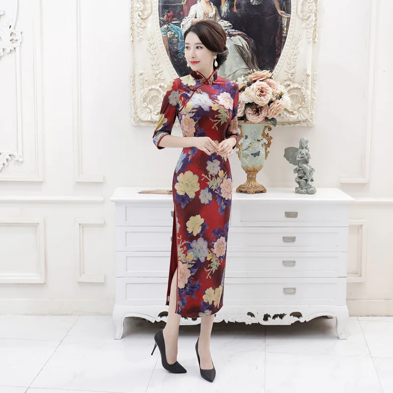 Китайское современное велюровое платье длинное Qipao чонсам Восточный стиль