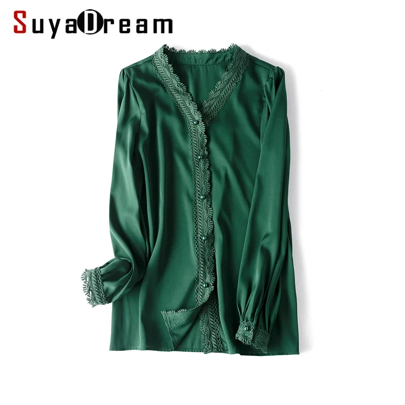 SuyaDream Women Blouse 100% REAL SILK SATIN Long Sleeved Lace Blouses V neck 20202 Spring Autumn Office lady Green Chic Shirt