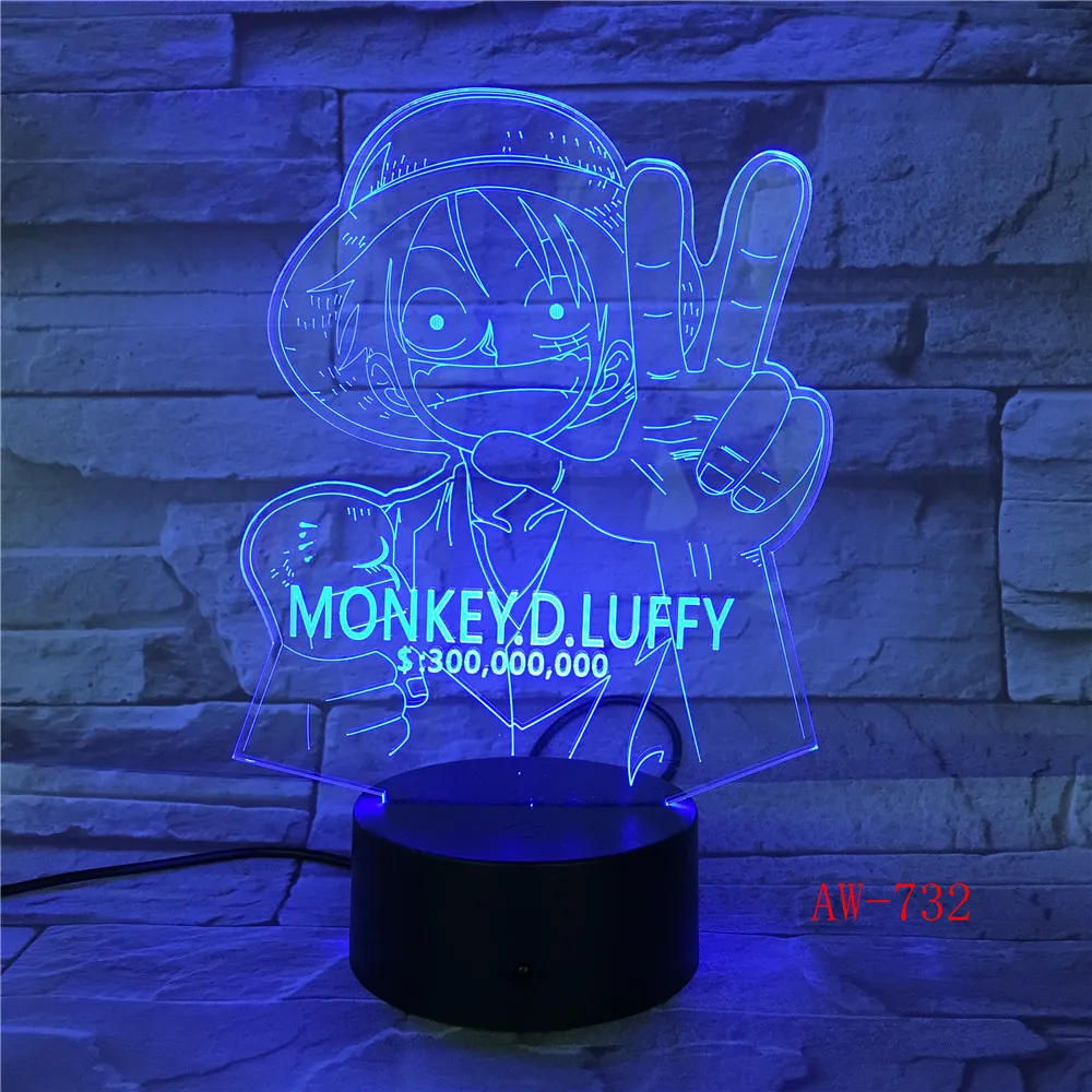 3D LED Луффи ночник 7 видов цветов Изменение одна штука настольная лампа спальня