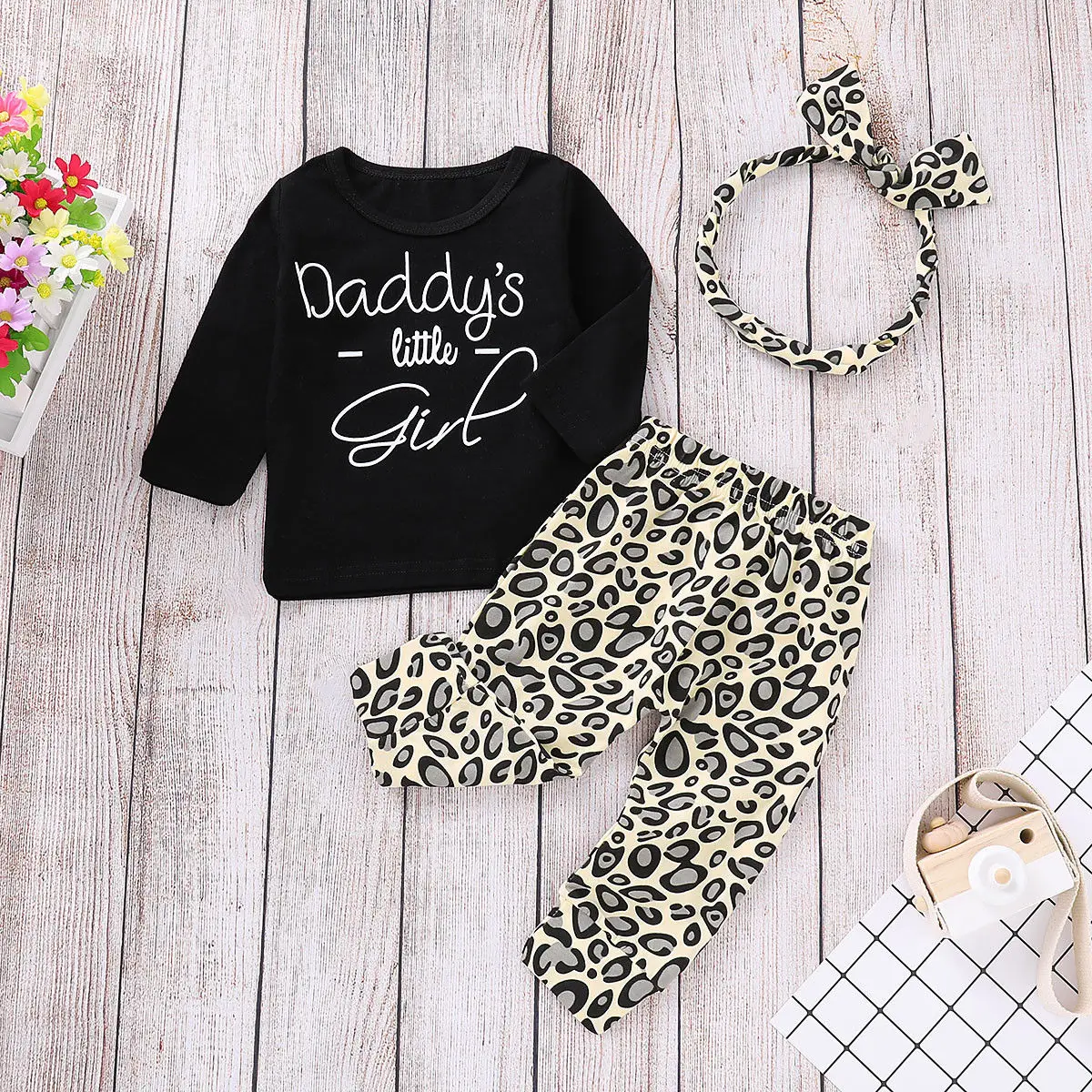 Newborn Toddler Kids Baby Girls Boys Autumn Winter 3PCS Letter Pullover Black Tops+Leopard Print Pants+Headband | Детская одежда и