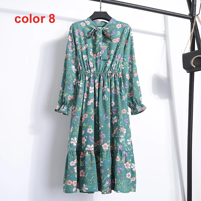 MoYan Women Floral Print Dress Stand Collar Bow Slim Elastic Waist Chiffon Female Vestidos 2018 Autumn Knee-length | Женская одежда